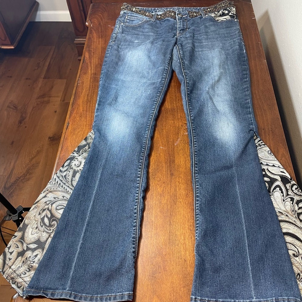 Upcycled Low Rise Wide Leg Bell Bottom Jeans Hippie Boho Floral 32 x 33​​​ - Picture 5 of 14